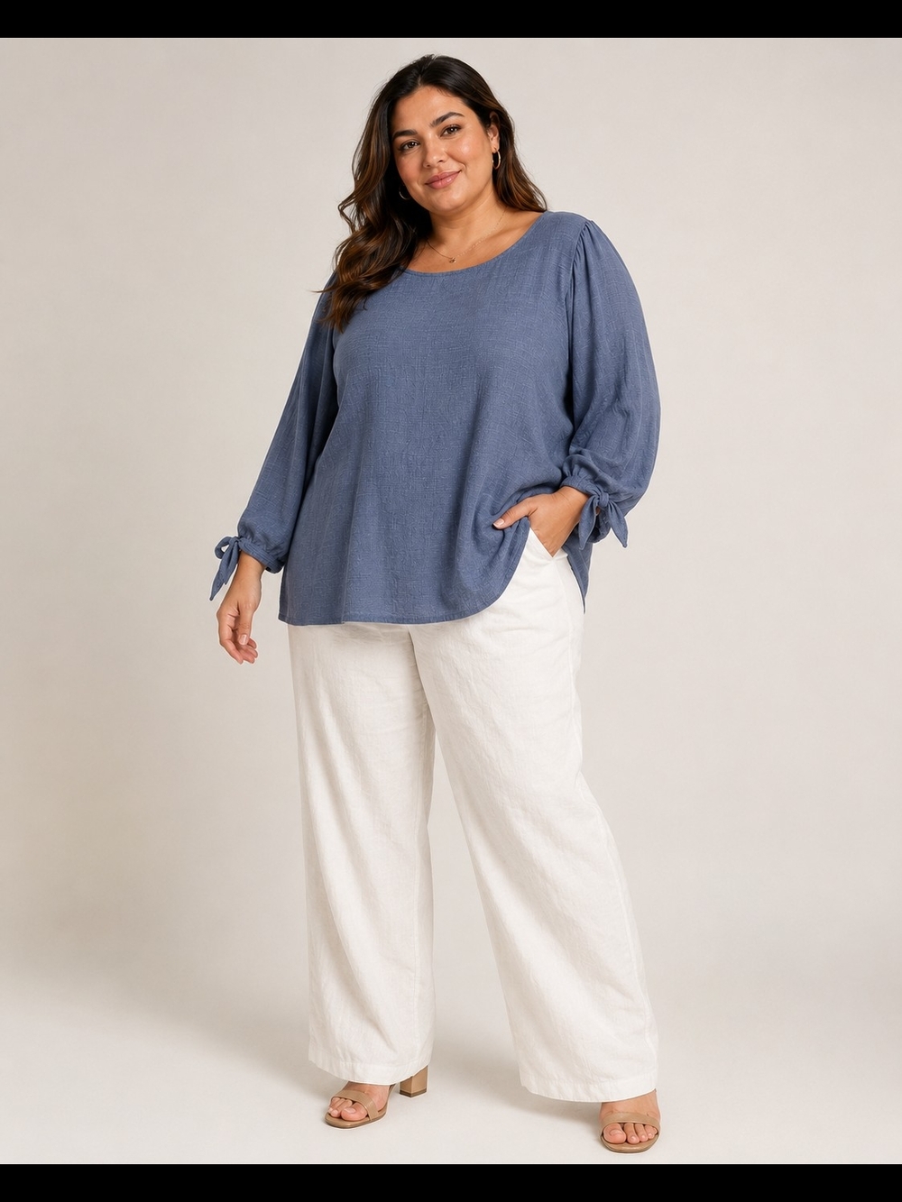 Max Studio Blue Tie-Cuff Linen-Blend Blouse